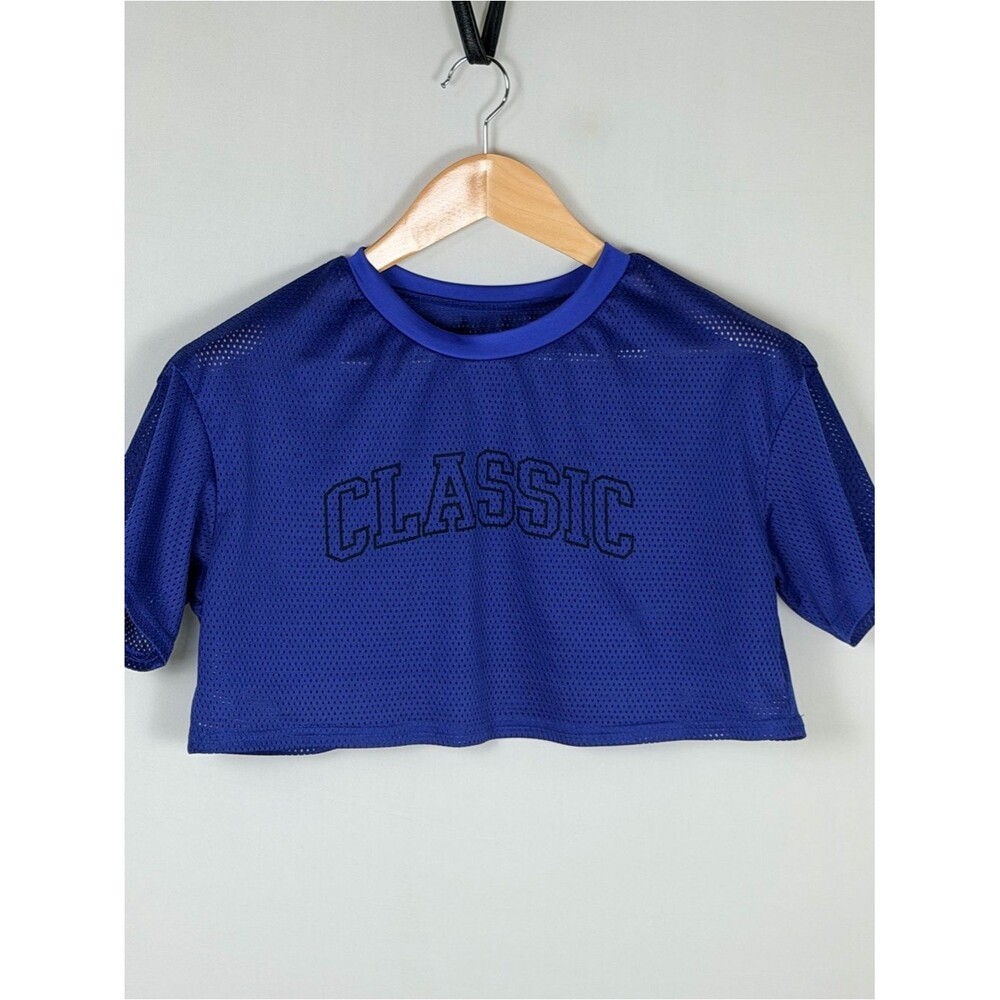Blue Mesh Cropped Tee Athletic Sheer Layering Top Short Sleeve Medium